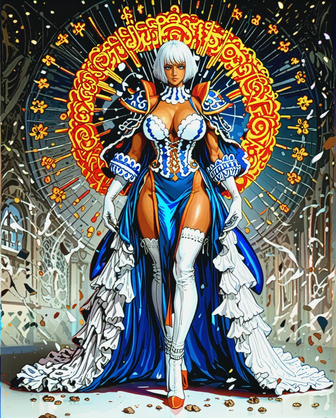 sexy woman, (((dark brown skin))), light blue eyes, white hair, chin length bob haircut, tall, muscular, perky big tits, detailed, Her outfit is a lacy, white one piece with orange accents that exposes her chest and inner thighs. The chest area is held closed by a thick, orange chord zig-zagging across both sides. The one piece has a loin cloth and a long tail. She has white thigh-high, high-heeled boots. She accessorizes this outfit with white, elbow-high gloves that fold at the top exposing an orange lining. It also has blue feathered shoulder pads.