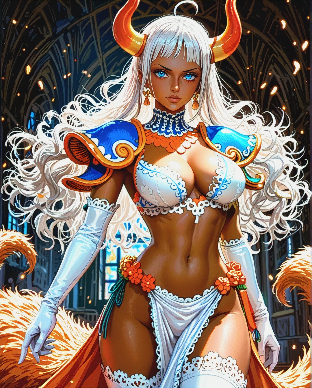 sexy woman, (((dark brown skin))), light blue eyes, white hair, chin length bob haircut, tall, fit, perky big tits, detailed, Her outfit is a lacy, white one piece with orange accents that exposes her chest and inner thighs. The chest area is held closed by a thick, orange chord zig-zagging across both sides. The one piece has a loin cloth and a long tail. She has white thigh-high, high-heeled boots. She accessorizes this outfit with white, elbow-high gloves that fold at the top exposing an orange lining. It also has blue feathered shoulder pads.