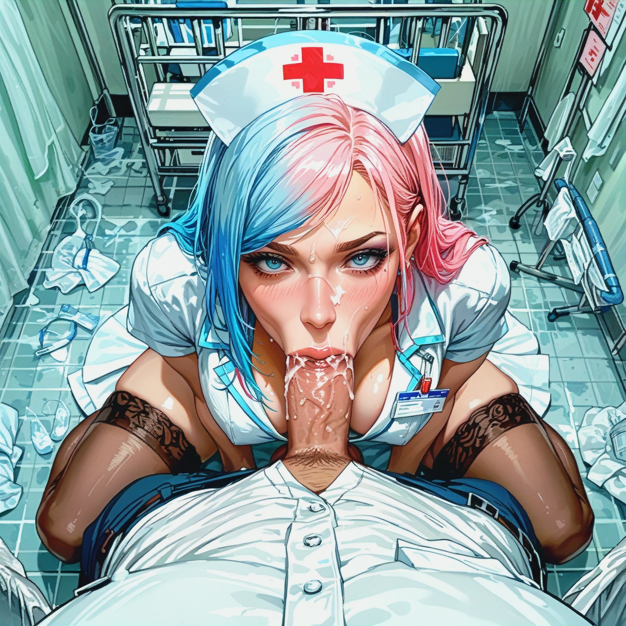 hospital, nurse, stockings, medical gown,  (areolae)  very young  girl ,   colored hair   , public (orgy) (teamwork) hug, (kneeling) ,  (facial)  (deepthroat) I'm standing in front of the girls (pov) hold by the head, help