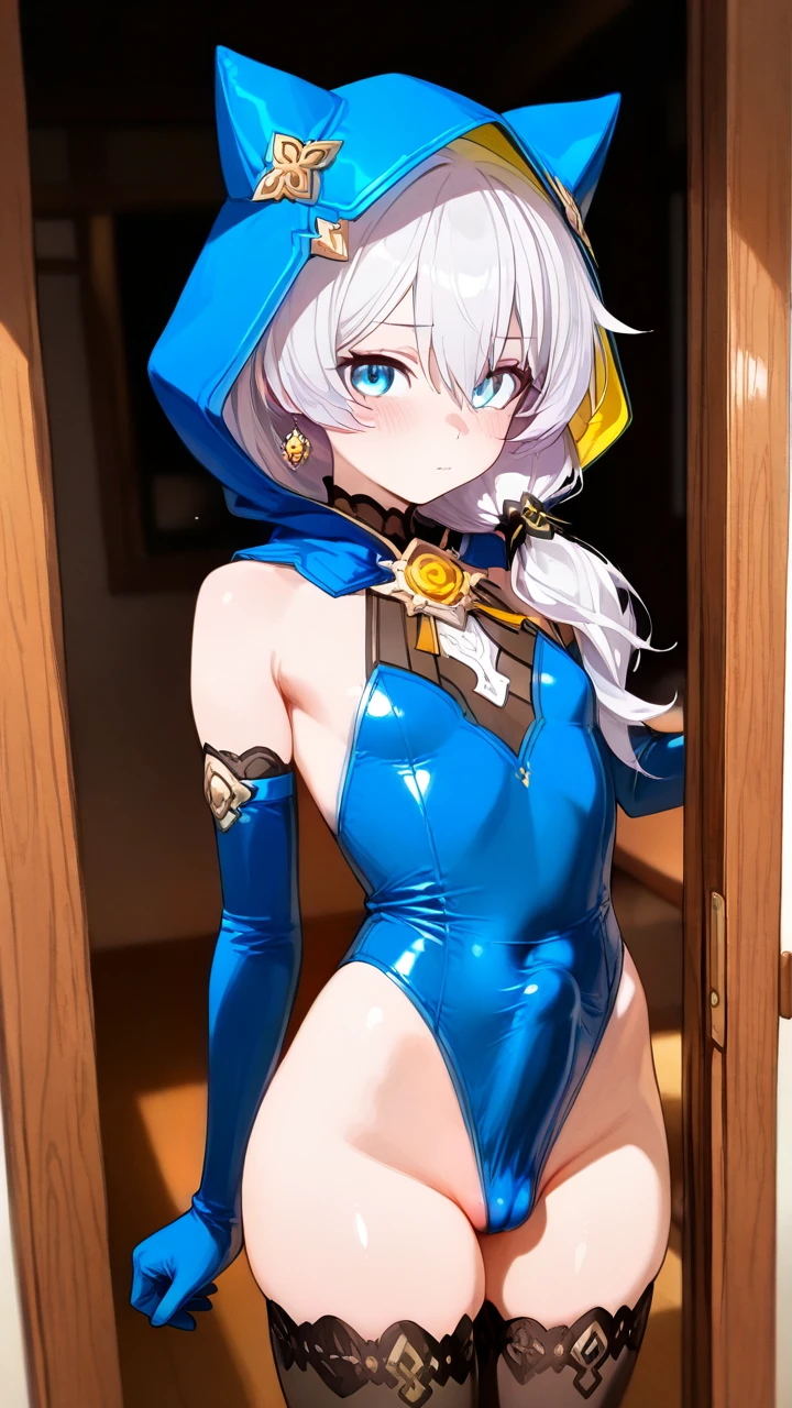 @theresa_apocalypse (otoko_no_ko) thighhighs blue_clothes leotard elbow_gloves hood blue_eyes white_hair penis_bulge erection_under_leotard