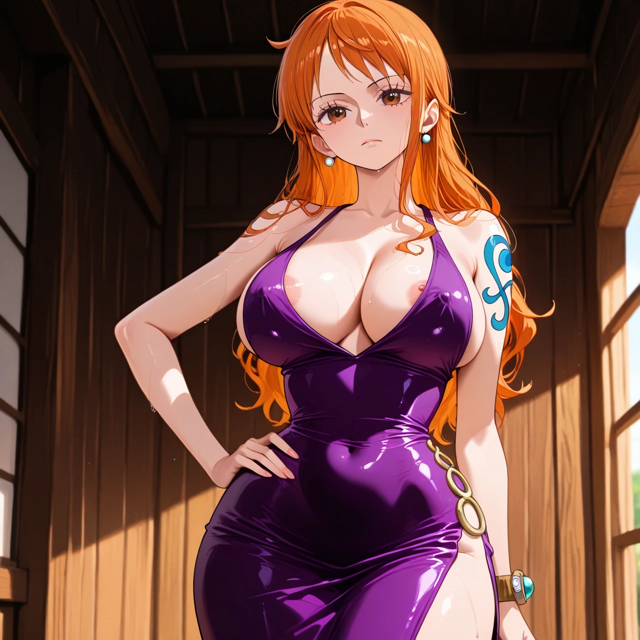 sole female, (nipple_slip) , @nami , nami zou outfit, nami purple dress, (hand_on_hip), (expressionless) , blush