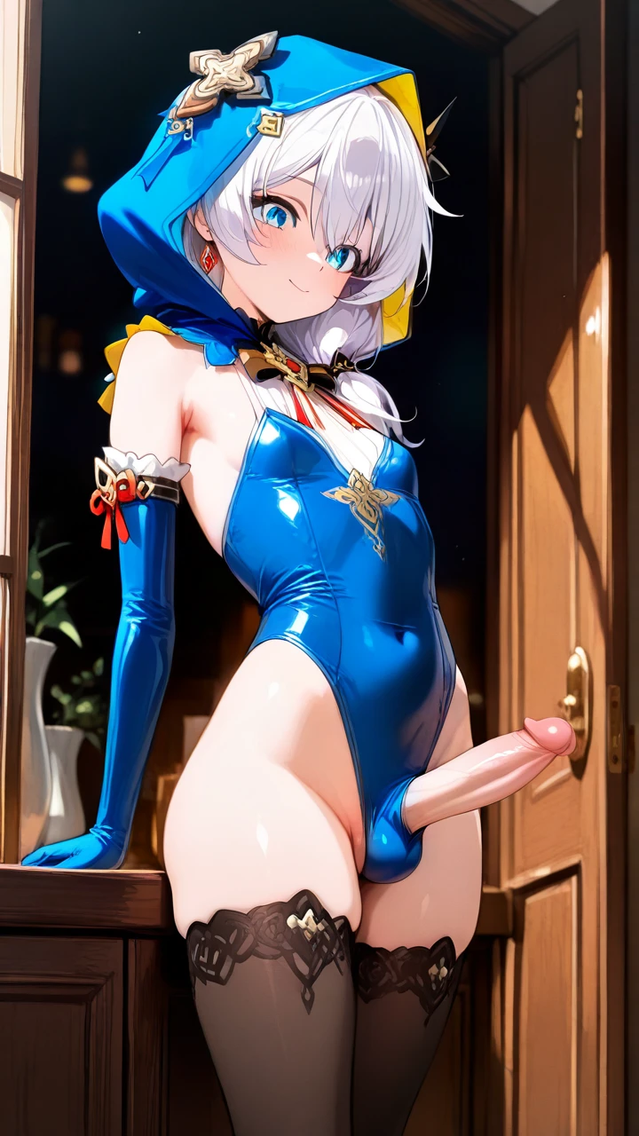 @theresa_apocalypse (otoko_no_ko) thighhighs blue_clothes leotard elbow_gloves hood blue_eyes white_hair penis_bulge erection_under_leotard