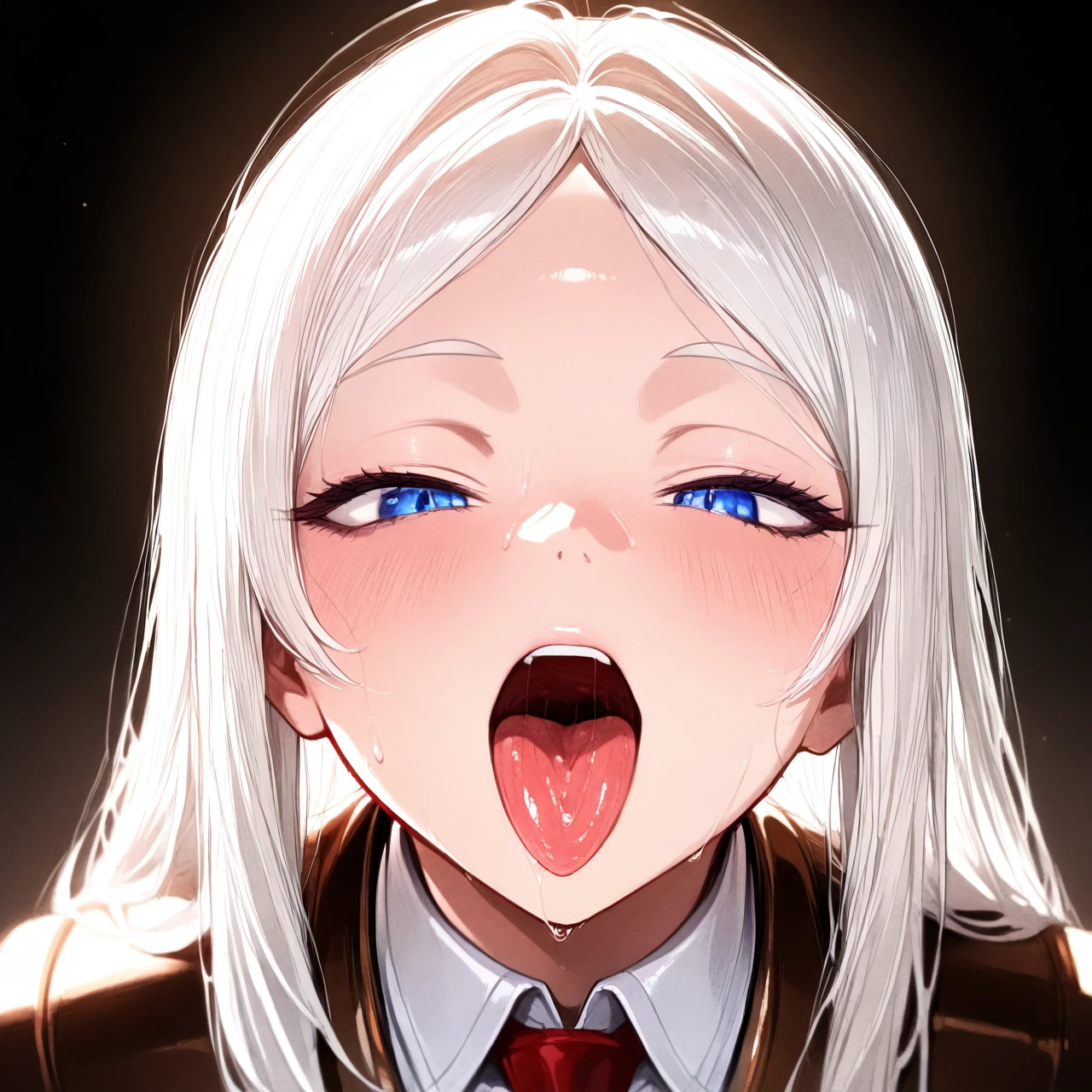 Inteli saiko(my hero academy )  , half-open eyes , tongue long , white hair , manokl