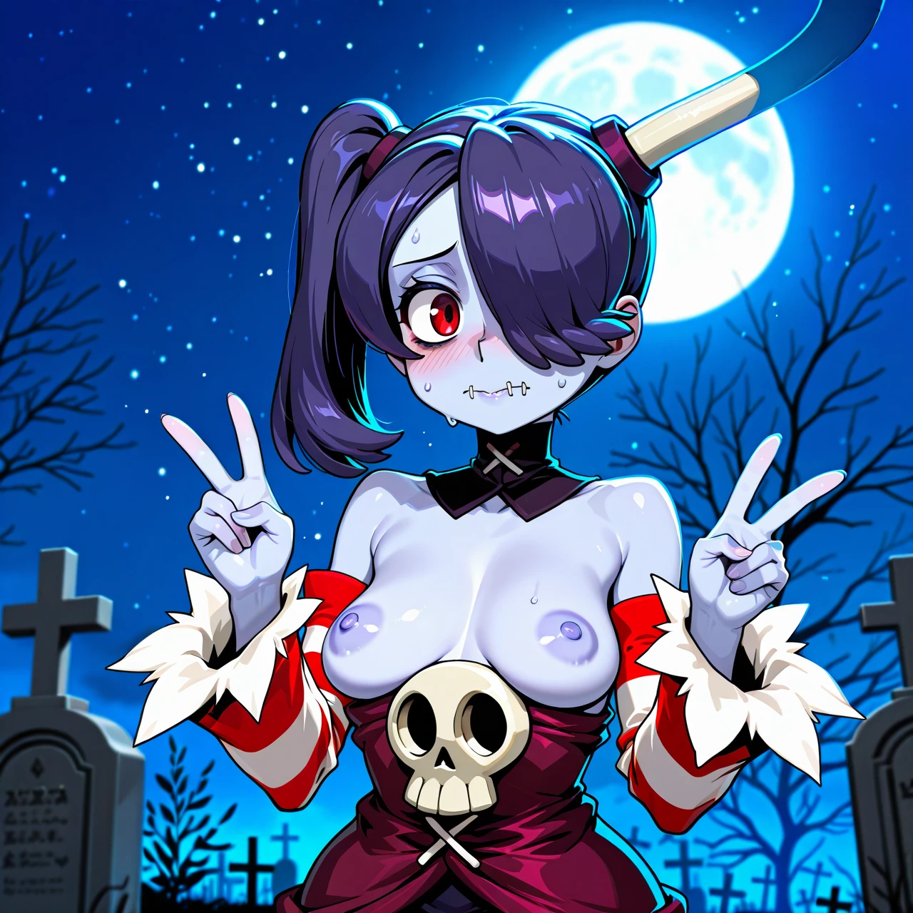 Chibi style, Squigly from Skullgirls, faded bluish-purple hair, hair_covering_eye, lavender blue skin, red eyes, lower half of a dress ending in frills and a dress like top with a skull covering her chest, double_v, embarrassed, perky_breasts, breasts_out, areolae, nipples, graveyard, night, full moon, high_detailed, best_quality