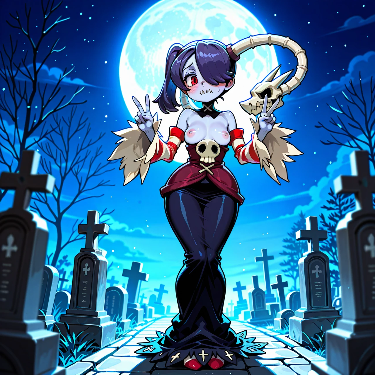 Chibi style, minigirl, Squigly from Skullgirls, faded bluish-purple hair, hair_covering_eye, lavender blue skin, red eyes, sewn_mouth, lower half of a dress ending in frills and a dress like top with a skull covering her chest, one skeleton hand, double_v, embarrassed, perky_breasts, breasts_out, areolae, nipples, full body view, graveyard, night, full moon, high_detailed, best_quality