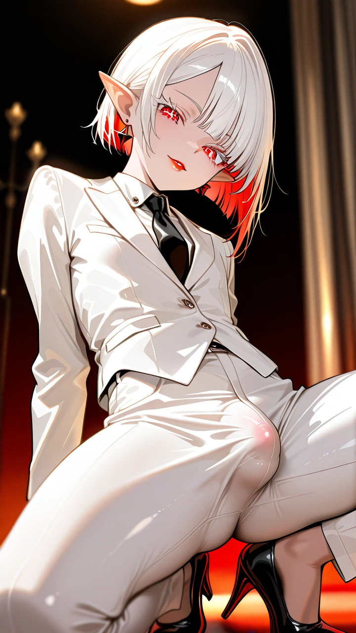 (otoko_no_ko) white_hair asymmetrical_bob asymmetrical_bangs (red_eyes) white_eyelashes pointy_ears slim_legs penis_bulge formal_clothes white_clothes white_pants tie shoes highheels earrings (red_lips)