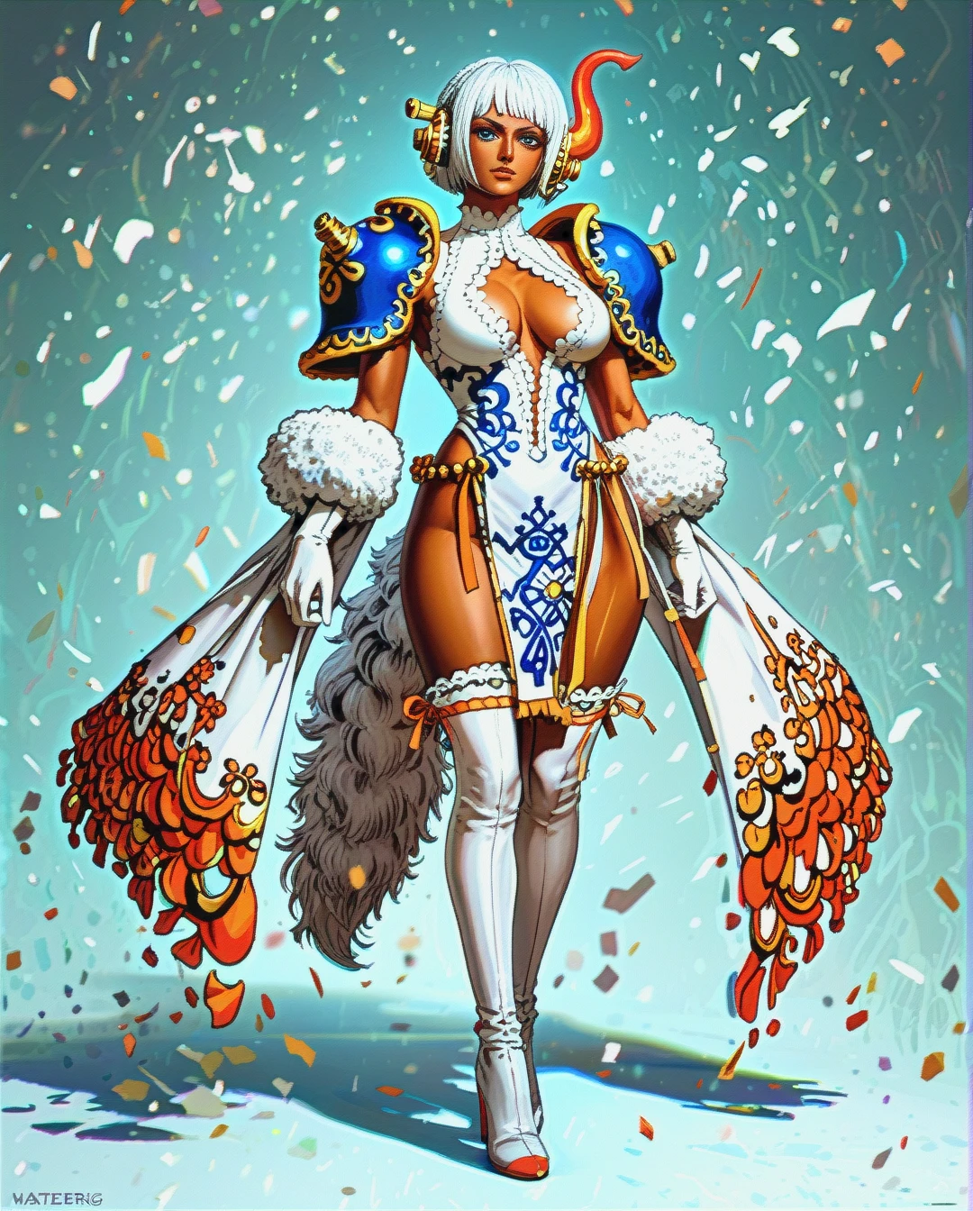 sexy woman, (((dark brown skin))), light blue eyes, white hair, chin length bob haircut, tall, fit, perky big tits, detailed, Her outfit is a lacy, white one piece with orange accents that exposes her chest and inner thighs. The chest area is held closed by a thick, orange chord zig-zagging across both sides. The one piece has a loin cloth and a long tail. She has white thigh-high, high-heeled boots. She accessorizes this outfit with white, elbow-high gloves that fold at the top exposing an orange lining. It also has blue feathered shoulder pads.