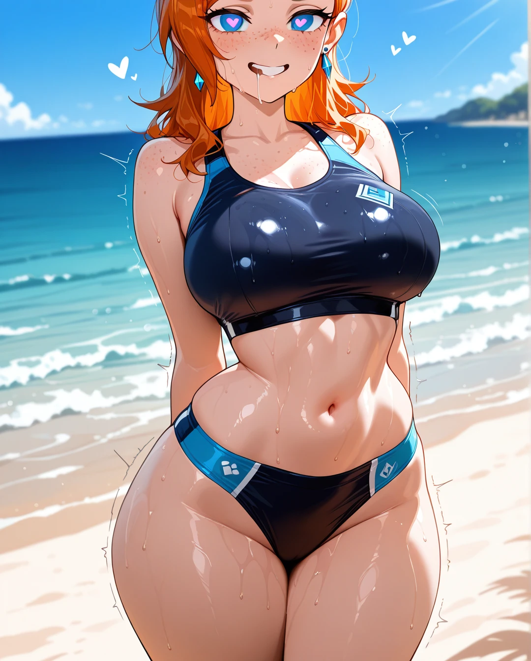 @gwen_tennyson, freckles,(heart-shaped_eyes),(drooling), beach,(curvy) ,(large_breasts) ,big hips, narrow waist, sports bikini,sweating girl, trembling girl,