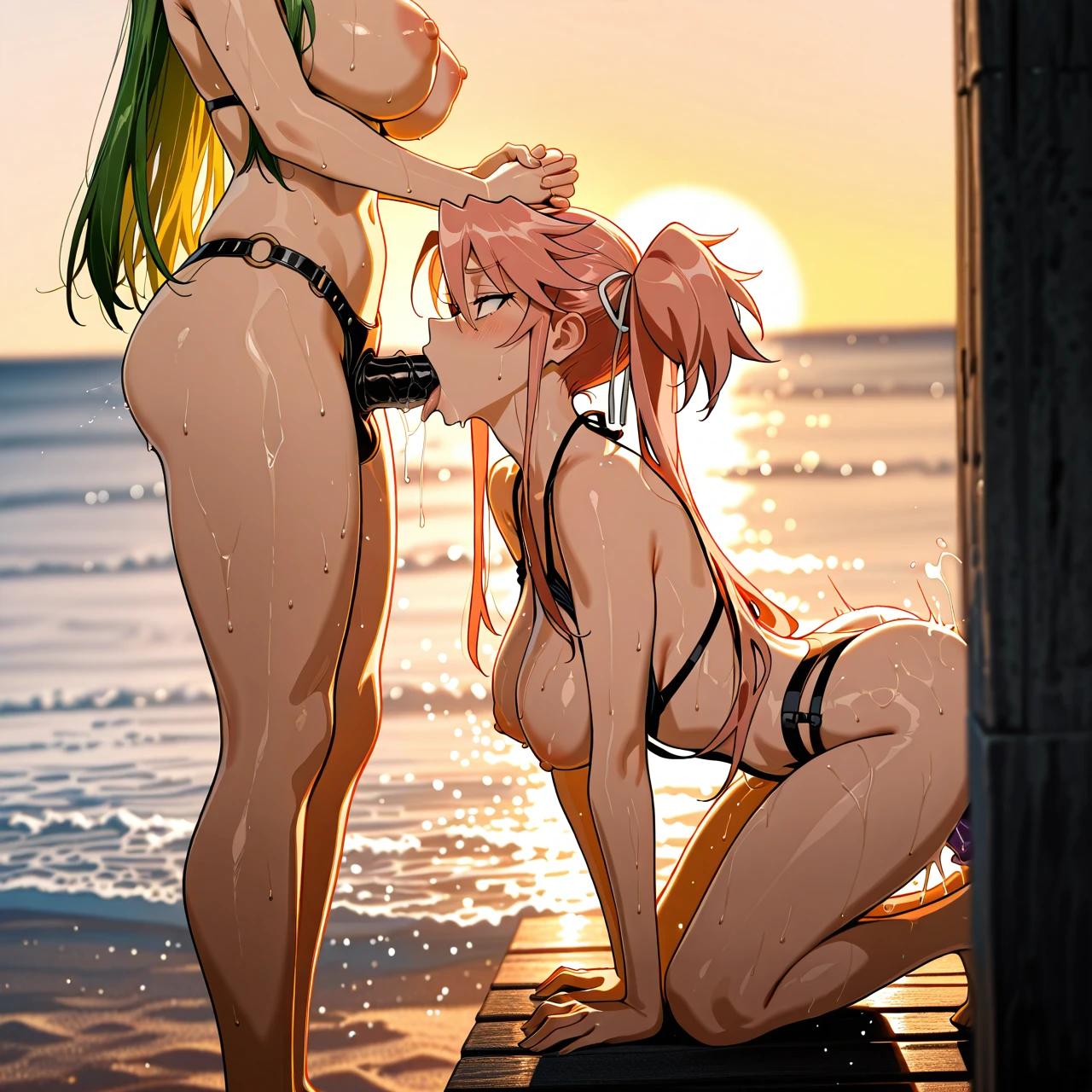 Miyamoto Rei(Highschool Of The Dead) ,  saeko busujima(Highschool Of The Dead) , Takagi Saya(Highschool Of The Dead) ,   Three girls  , Riding a dildo , holding hands , tongue long  , On my knees , breasts_out , moans , penetration ,  beach , oral sex with a strap-on