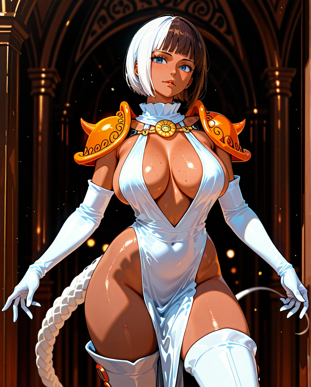 sexy woman, (((dark brown skin))), light blue eyes, white hair, chin length bob haircut, tall, fit, perky big tits, detailed, Her outfit is a lacy, white one piece with orange accents that exposes her chest and inner thighs. The chest area is held closed by a thick, orange chord zig-zagging across both sides. The one piece has a loin cloth and a long tail. She has white thigh-high, high-heeled boots. She accessorizes this outfit with white, elbow-high gloves that fold at the top exposing an orange lining. It also has blue feathered shoulder pads.