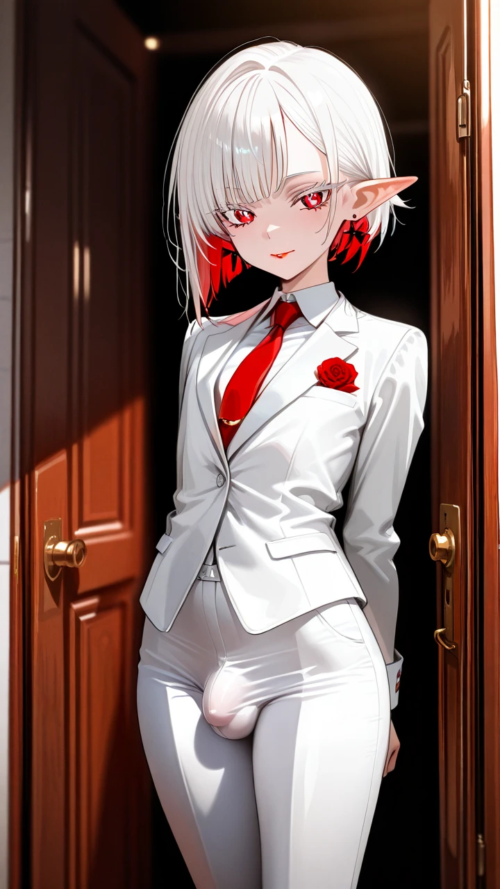 (otoko_no_ko) white_hair asymmetrical_bob asymmetrical_bangs (red_eyes) white_eyelashes pointy_ears slim_legs penis_bulge formal_clothes white_clothes white_pants tie earrings (red_lips)