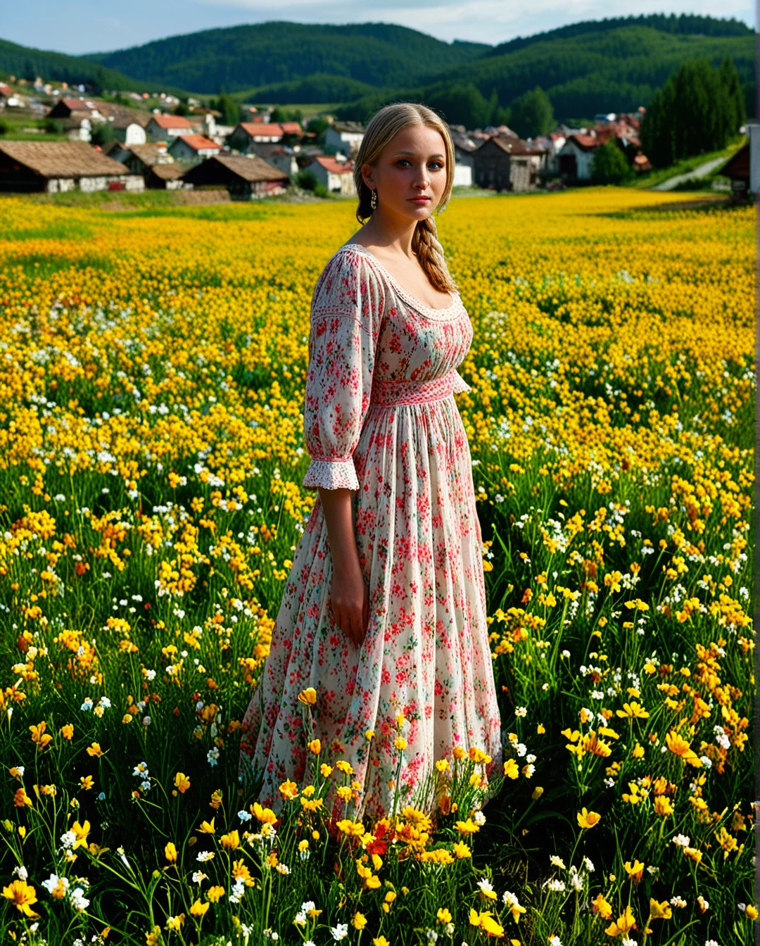 pin up style, Masterpiece, high quality hdr, A blond village girl, portly in Russian folk clothes, barefoot on a blooming field, high raised hem reveals beautiful asshigh raised hem, raised hem to the waist,  We can see her from behind: she lifts her hem and shows her big bare butt, gets an orgasm, hanging saggy tits