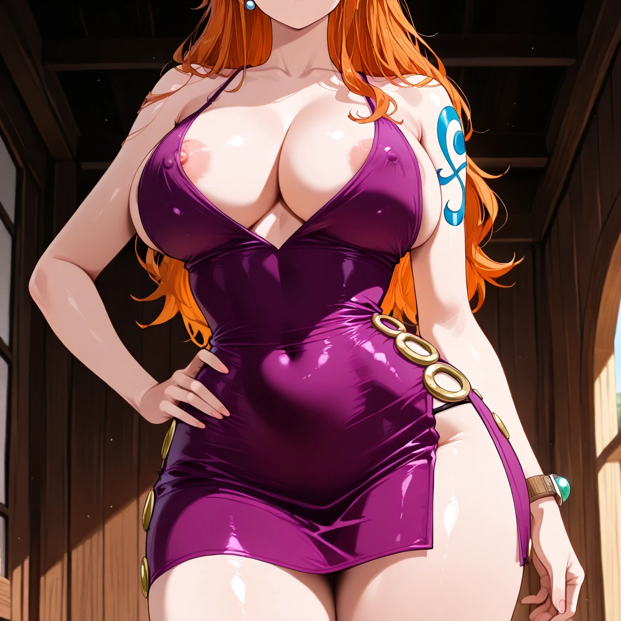 sole female, (nipple_slip) , @nami , nami zou outfit, nami purple dress, (hand_on_hip), (expressionless)