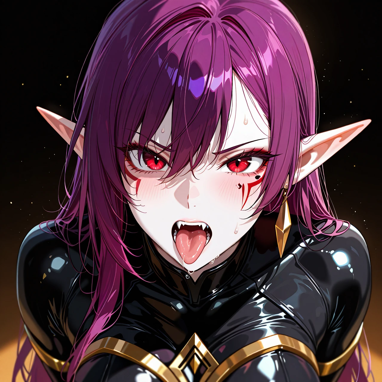 A fierce and determined female dark elf with long, straight purple hair and sharp red eye,She has pale skin with dark elf markings near her eyes, pointed ears adorned with golden earrings, and fangs visible as she shout,Her outfit is a sleek, high collared black bodysuit with golden accents, fitting her warrior like appearance, suck dick