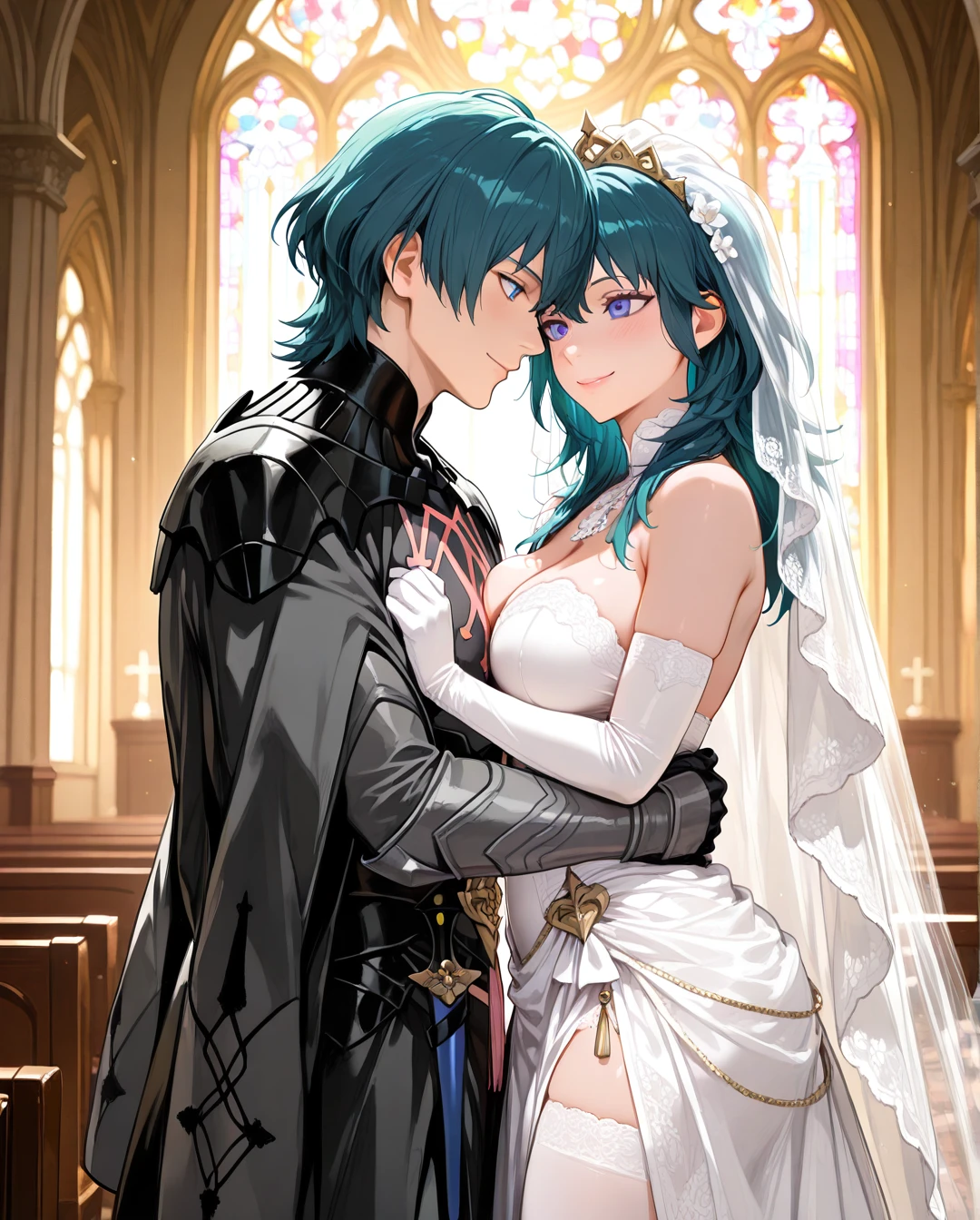 @byleth, 1boy, 1girl, blue eyes, smile, wedding dress, standing, church, (arm_hug)