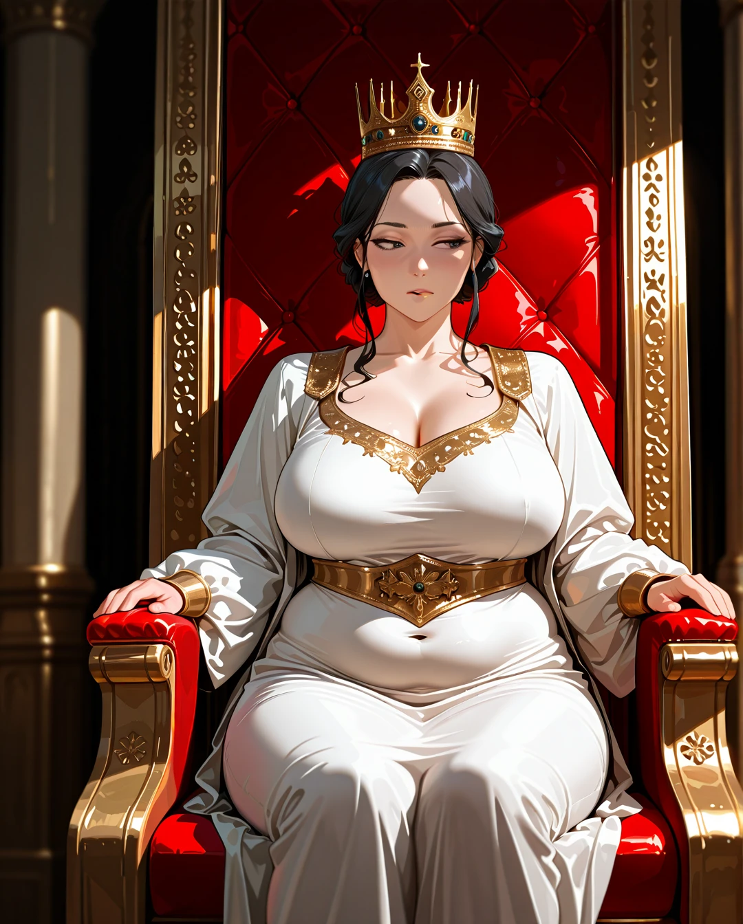 1girl, a queen, bun hair, middle parted hair, black hair, wearing a crown, a gold and white dress, in the throne room, the male servants, best quality, highly detailed, medieval. (mature_female), (plump), (thinking)