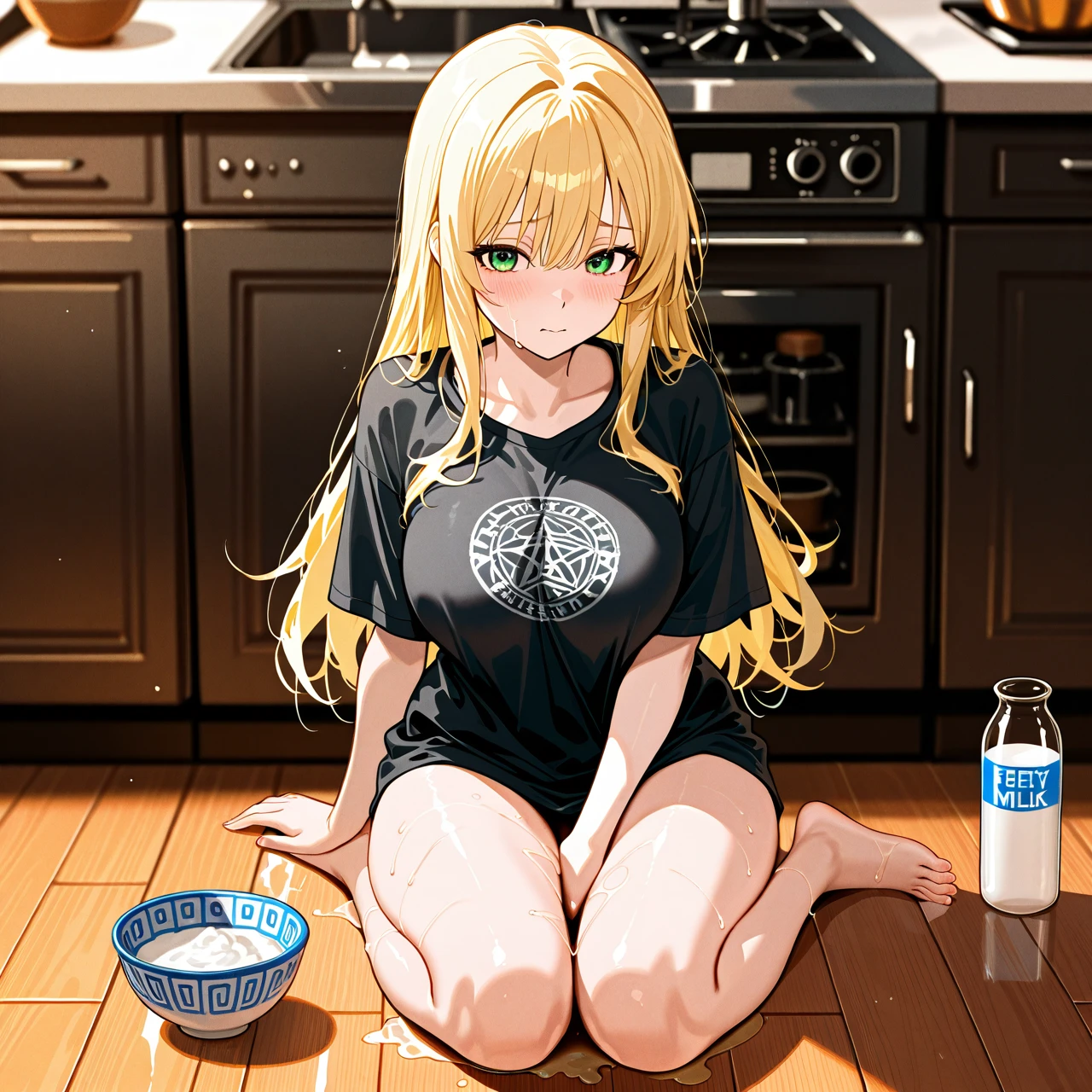 A shy 18-year-old futanari girl with long blonde hair and bright green eyes stands in a kitchen wearing only an oversized t-shirt that barely covers her curvy body. She holds a bowl in one hand while trying to hide her erect cock with it; her face is flushed red with embarrassment. The kitchen counter has a box of cornflakes and an empty milk bottle on it. Some spilled liquid is visible on the floor near her feet.