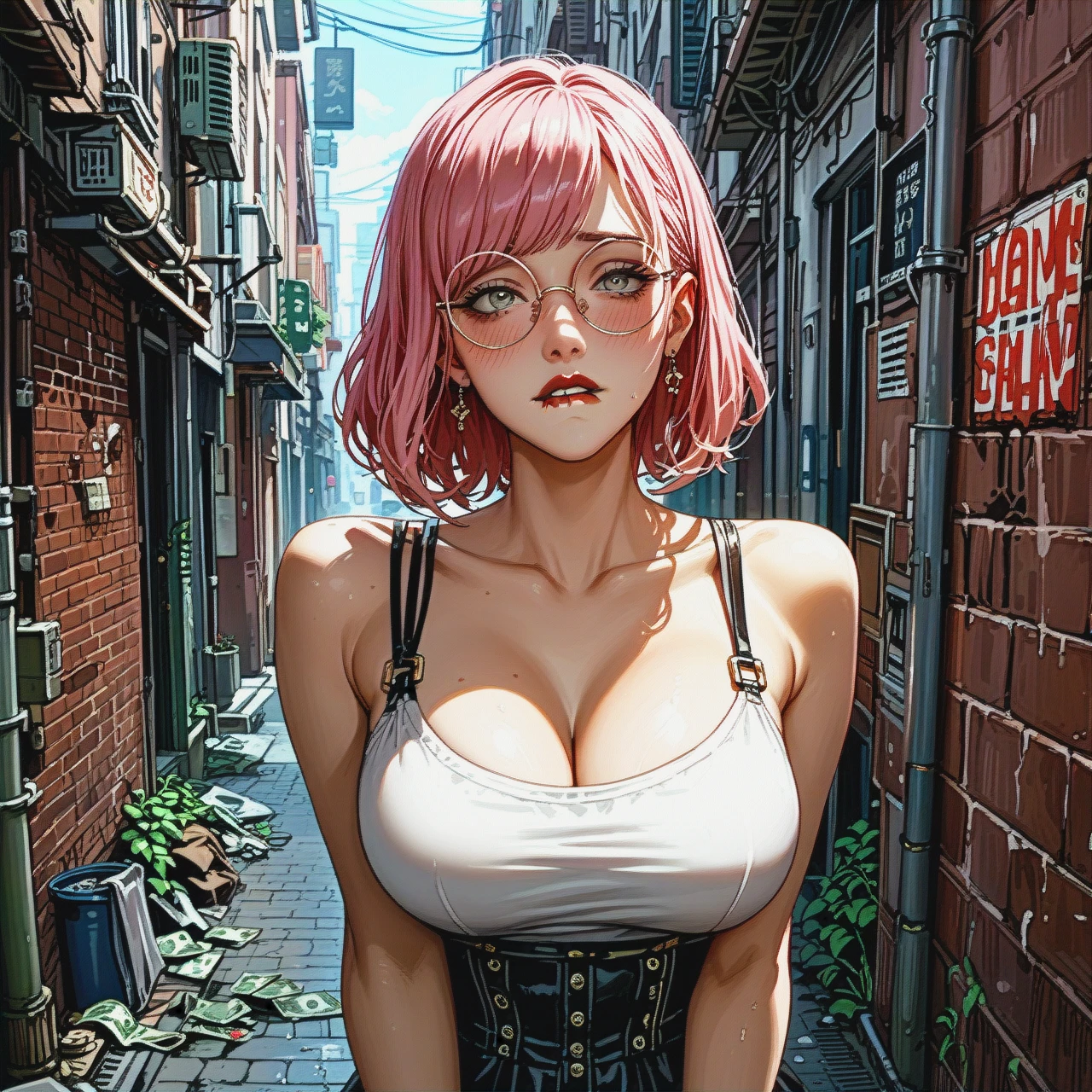 girl with cute face, straight long pink hair, red lipstick, round eyeglasses, big breasts, teen, skinny body, grey eyes, clothin from the anime, (Anime), (street alley), (alleyway), (biting lip), (shy) (grabbing_from_behind), the man holds out a bill with money