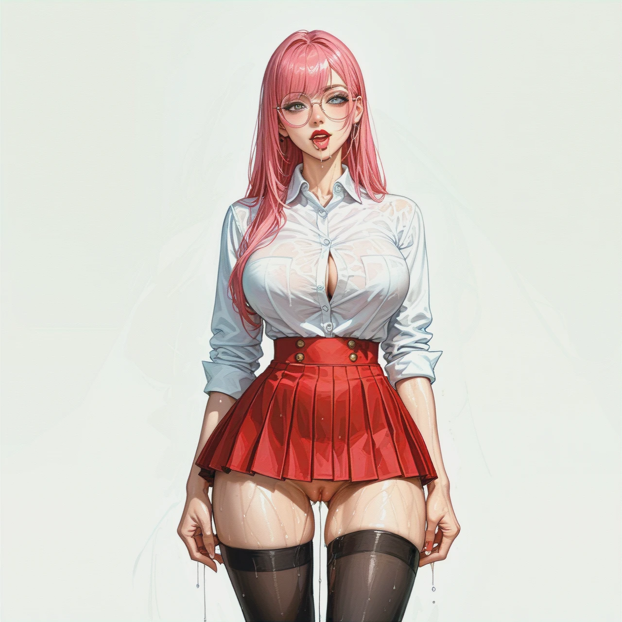 girl with cute face, straight long pink hair, red lipstick, round eyeglasses, big breasts, teen, skinny body, grey eyes, narrow waist, wide hips, abs, white shirt, red school microskirt, suspender, high long boots, black thigh highs, no panties, spit string drooling from mouth, pussy wet, string grool from pussy, anal gape, slut, horny, seductive,