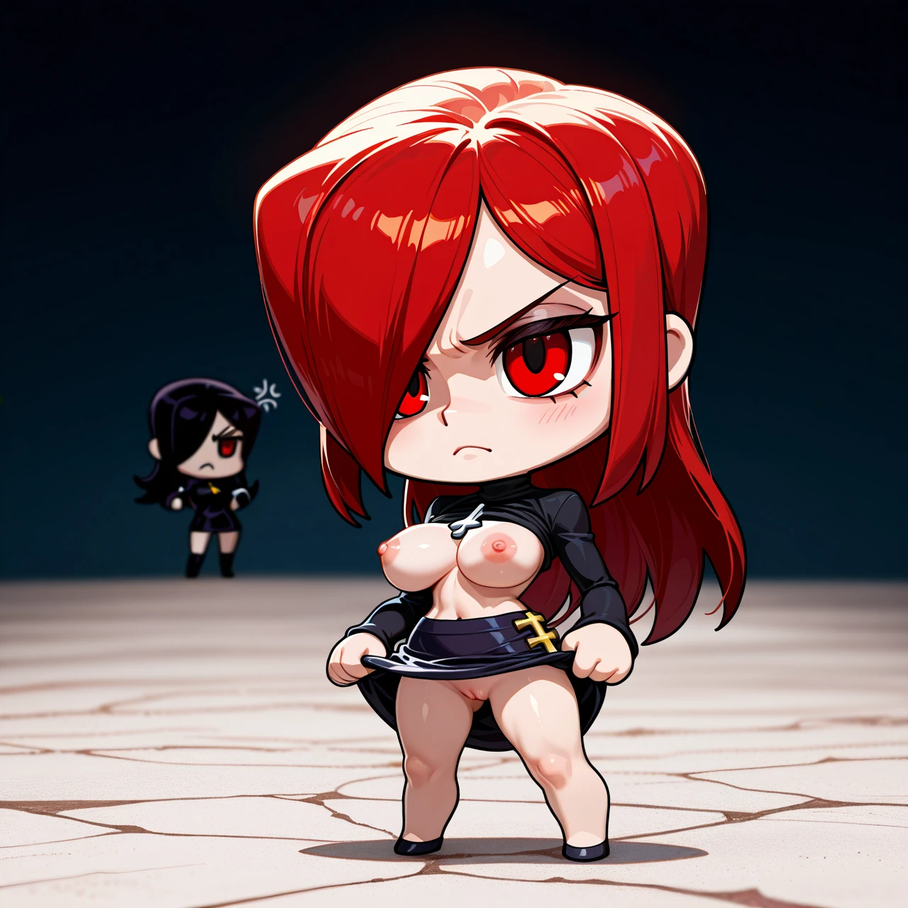 (Chibi style:1.5), Parasoul from Skullgirls, minigirl, straight lower back-length red hair, bang covering right eye, red_eyes, skinny,  long sleeved black top, skirt_lift, large_breasts, areolae, nipples, angry, holding umbrela, full body view, palace_background, high_detailed, best_quality