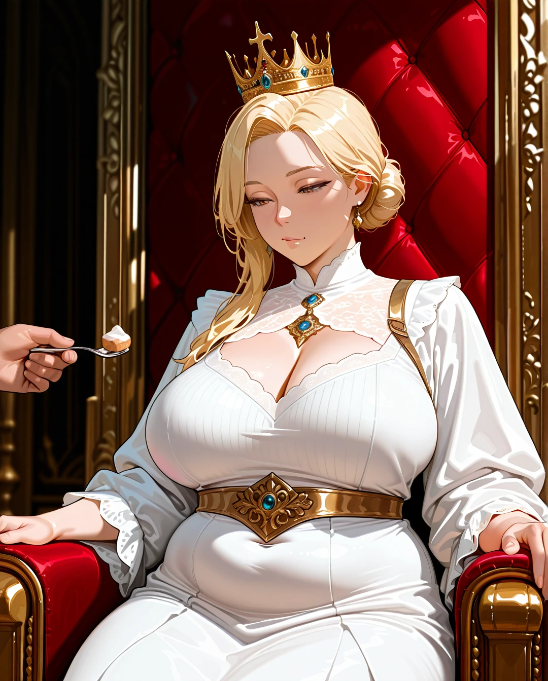 1girl, a queen, blonde hair, bun hair, wearing a crown, a gold and white dress, in the throne room, the male servants, best quality, highly detailed, medieval. (mature_female), (plump), (feeding), (thinking)