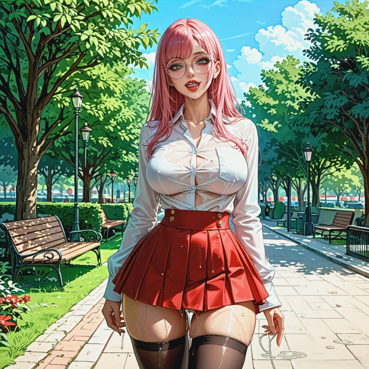 girl with cute face, straight long pink hair, red lipstick, round eyeglasses, big breasts, teen, skinny body, grey eyes, narrow waist, wide hips, abs, white shirt, red school microskirt, suspender, high long boots, black thigh highs, no panties, spit string drooling from mouth, pussy wet, string grool from pussy, slut, horny, seductive, park