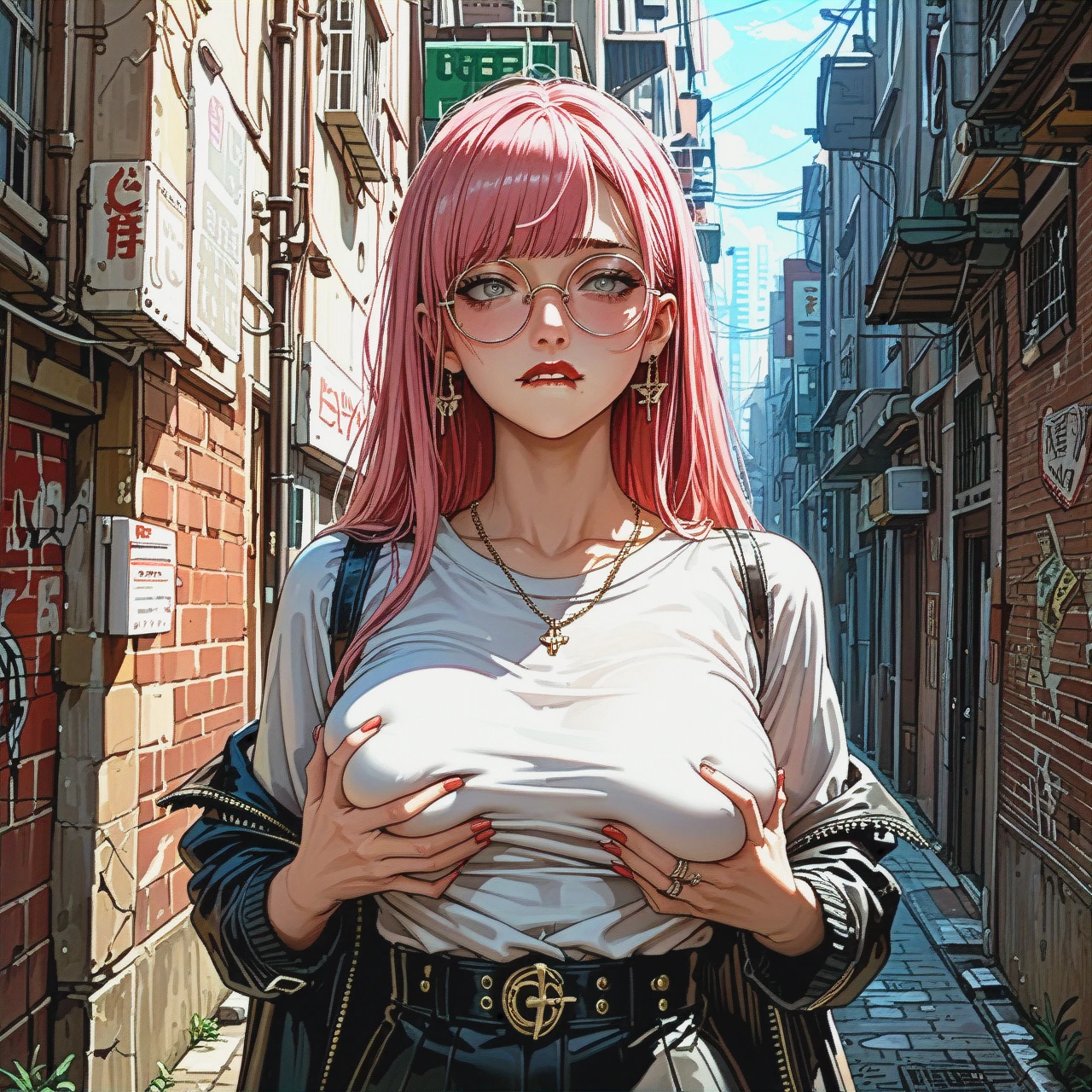 girl with cute face, straight long pink hair, red lipstick, round eyeglasses, big breasts, teen, skinny body, grey eyes, clothin from the anime, (Anime), (street alley), (alleyway), (biting lip), (shy) (guided_breast_grab), the guy holds out a bill with money