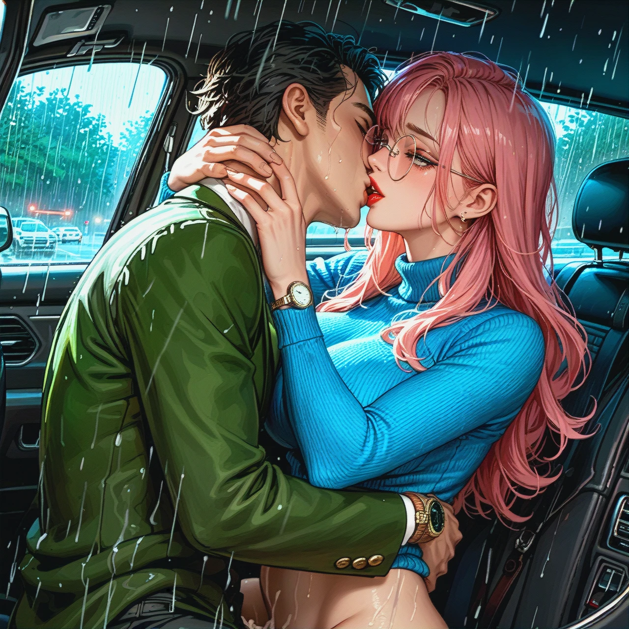 girl with cute face, straight long pink hair, red lipstick, round eyeglasses, big breasts, teen, skinny body, grey eyes, romantic sex, slow sex, perfect girl, man kissing girl while fucking, enjoying herself, pleasure face, man wearing green jacket, girl wearing blue sweater with white shirt inside, kissing, creampie, inside car, man wearing green hand watch, car backseat, raining, dimly lighting, low light