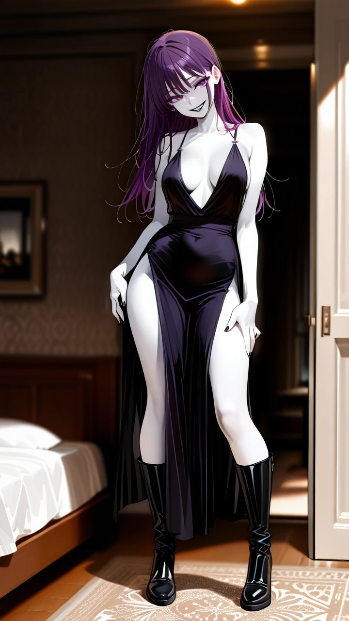 Take the photo so that their entire body is visible in the image, from head to toe.  1girl The girl have long black _ purple hair and purple eyes. She have a skinny and sexy body. She have white skin.  She is a vampire.  She have a black Women's evening dress. She is in bed room She have black nails She have black lips.  She has high boots that reach above her knees.    (leaning) (head_tilt) (grin) (shy) (medium_breasts)  (standing)