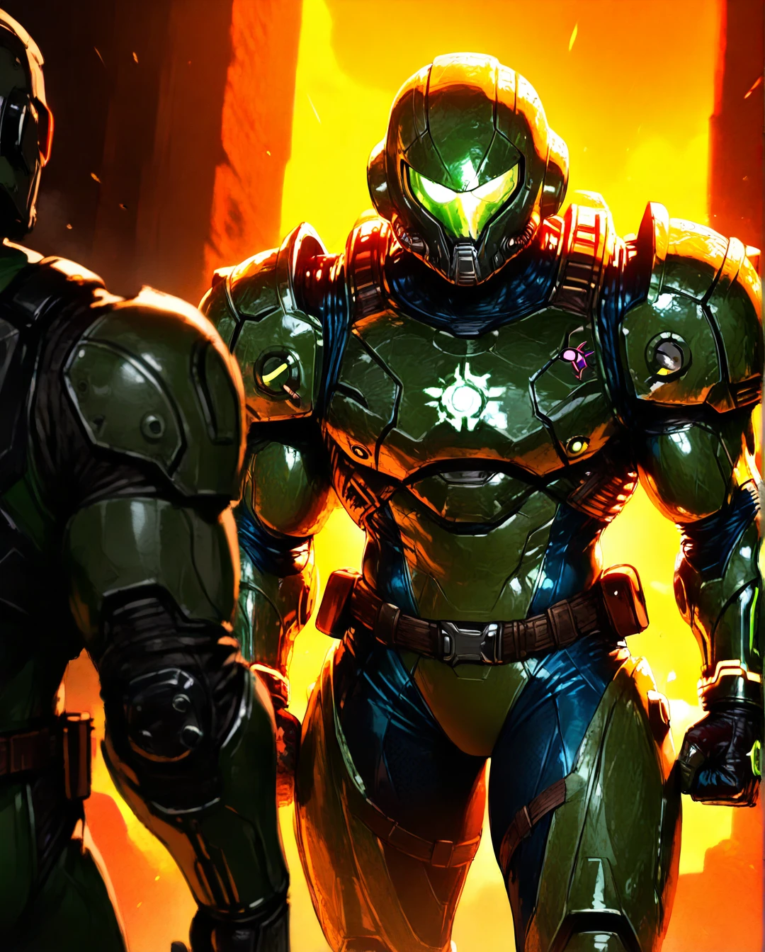 doomguy, samus aran, stand next to each other,