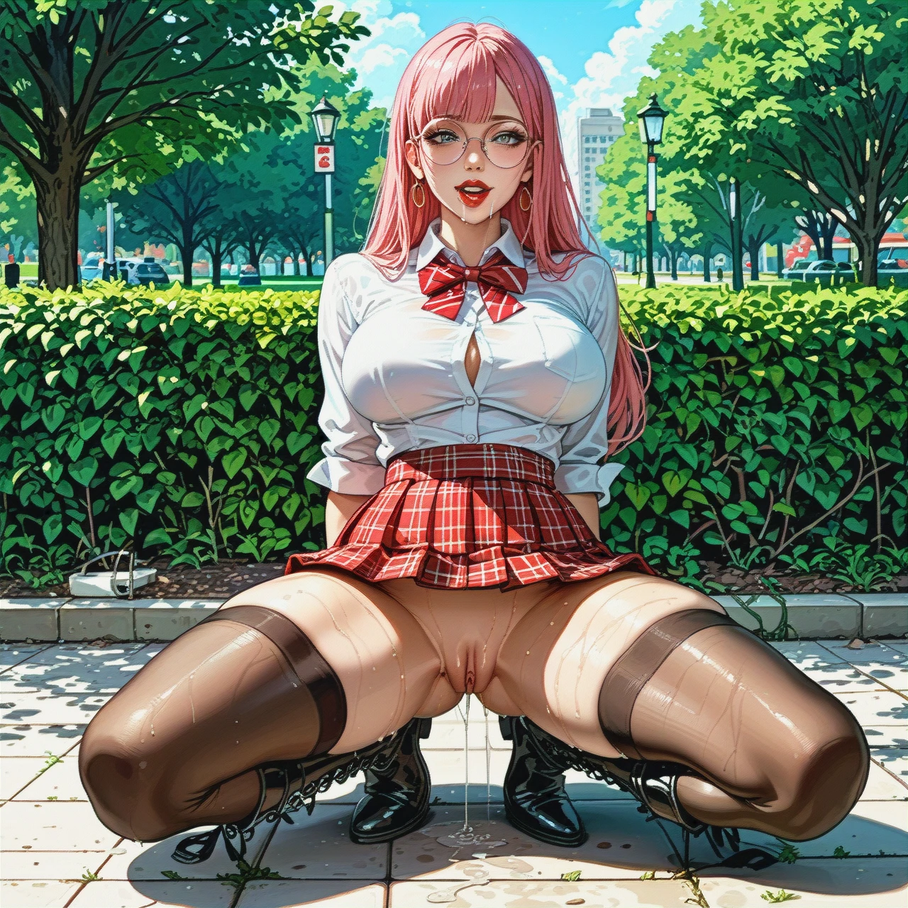 girl with cute face, straight long pink hair, red lipstick, round eyeglasses, big breasts, teen, skinny body, grey eyes, narrow waist, wide hips, abs, white shirt, red school microskirt, suspender, high long boots, black thigh highs, no panties, spit string drooling from mouth, pussy wet, string grool from pussy, slut, horny, seductive, park, sex