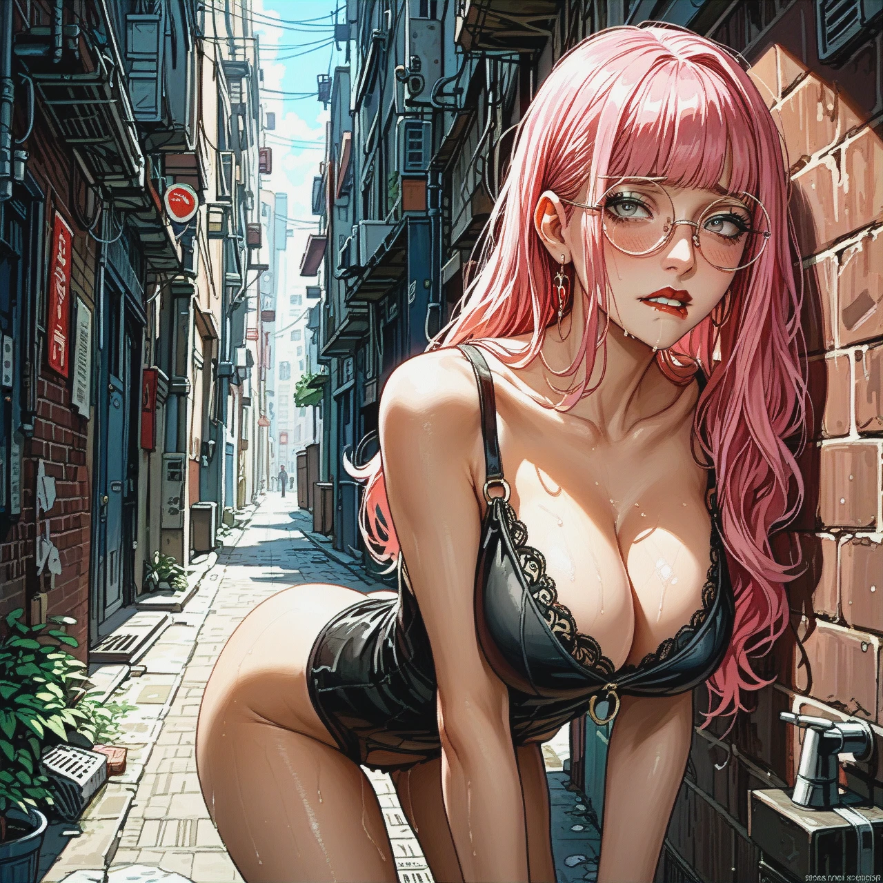 girl with cute face, straight long pink hair, red lipstick, round eyeglasses, big breasts, teen, skinny body, grey eyes, clothin from the anime, (street alley), (alleyway), (biting lip), (shy), (grabbing_from_behind), sex