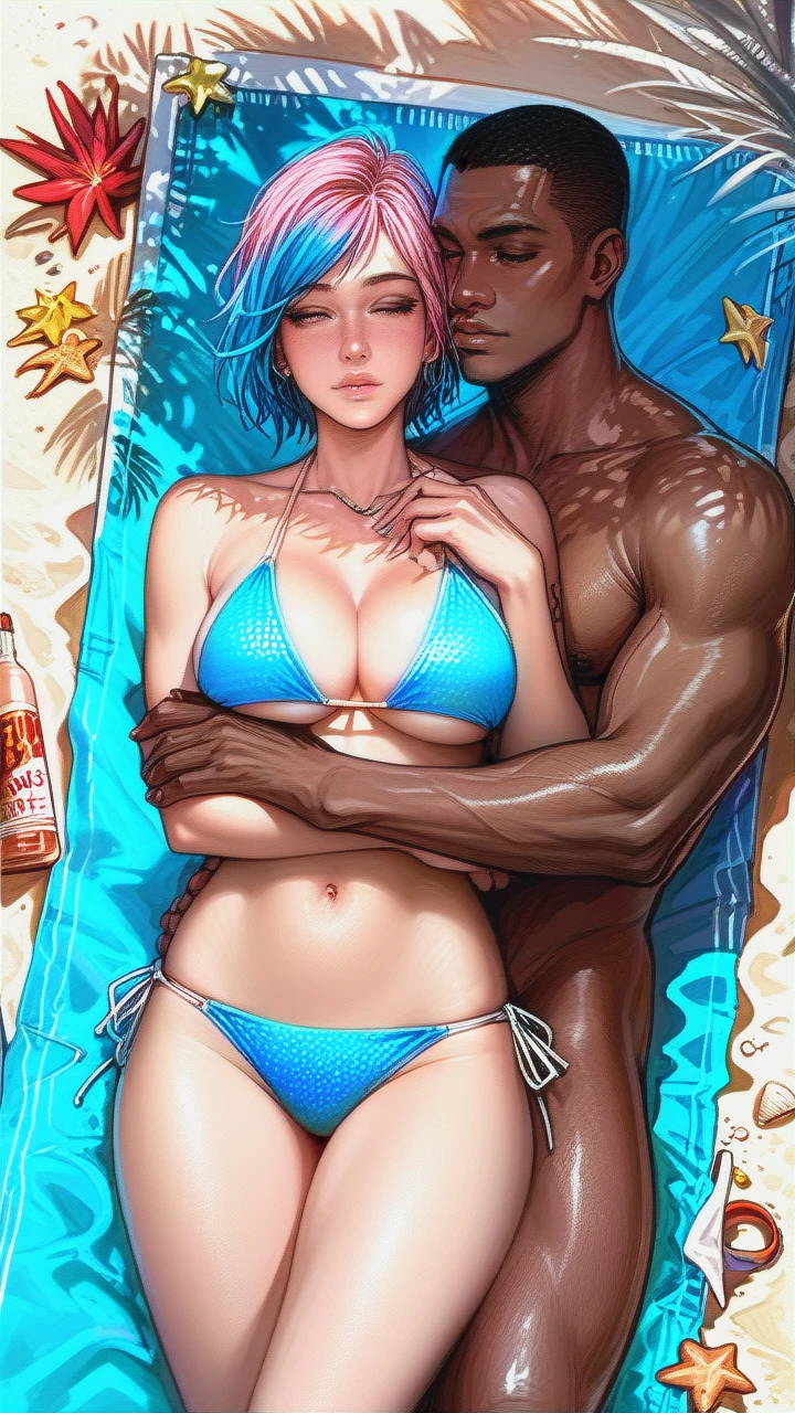 Chloe Price, busty, cleavage, bikini, on beach, thighs, underboob, cuddling her Black boyfriend, white female with Black male, dark skinned male