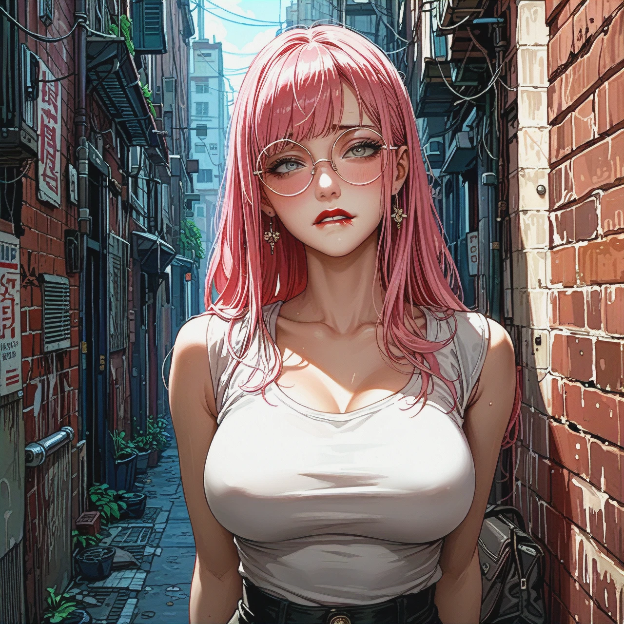 girl with cute face, straight long pink hair, red lipstick, round eyeglasses, big breasts, teen, skinny body, grey eyes, clothin from the anime, (street alley), (alleyway), (biting lip), (shy), (pectoral_grab)