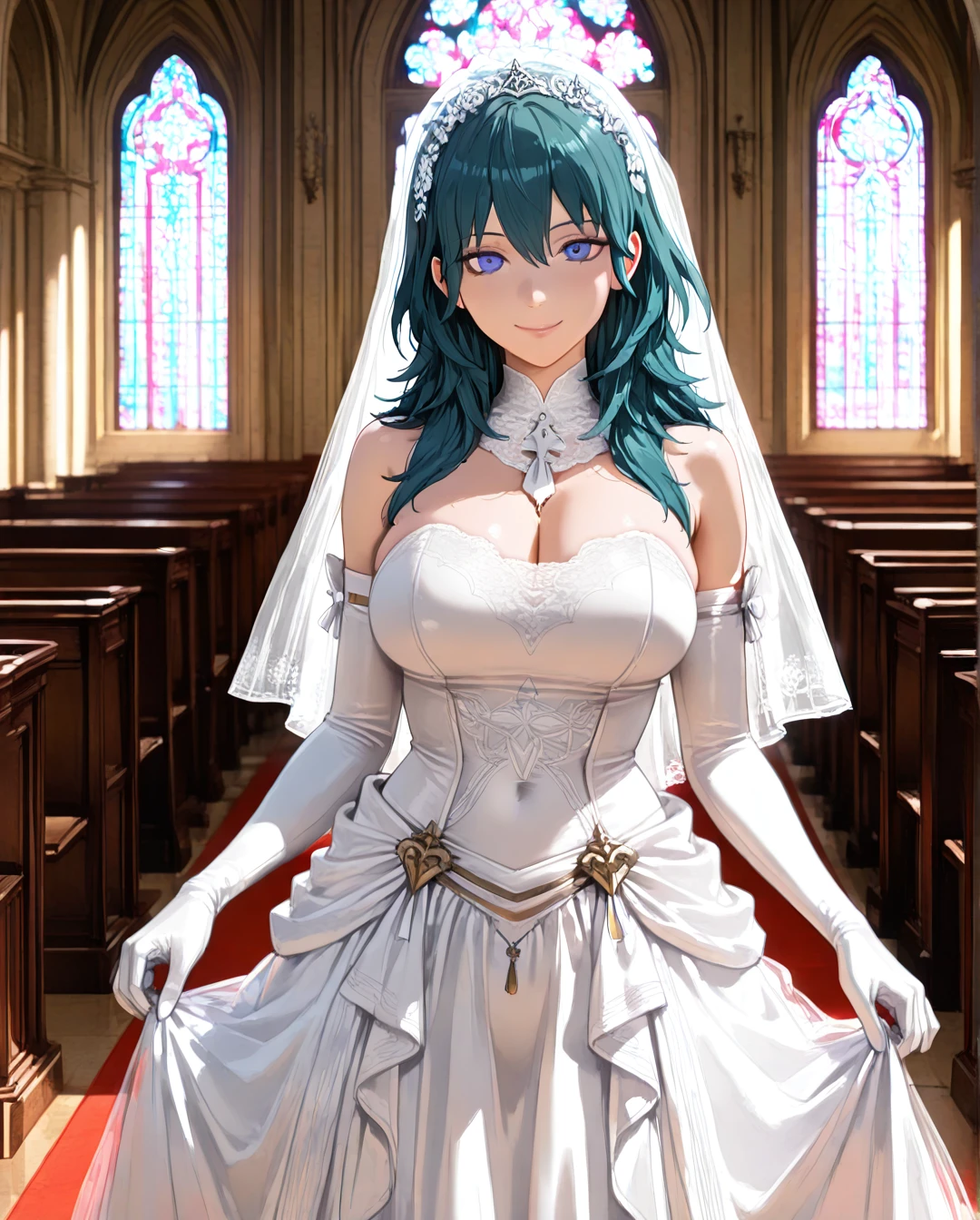 @byleth, blue eyes, smile, wedding dress, standing, church,