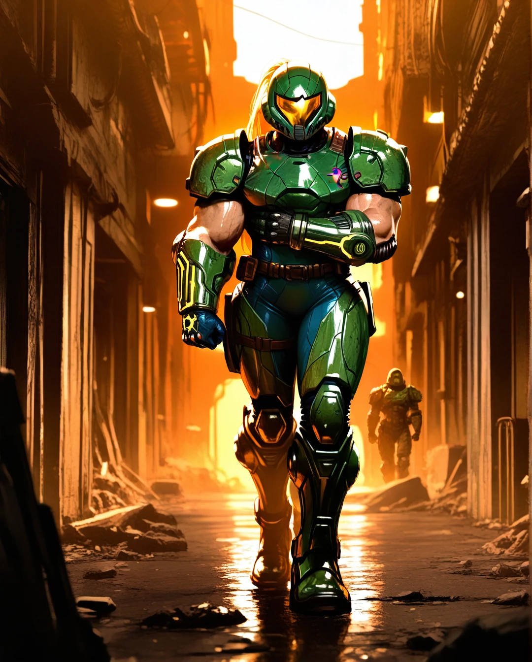 doomguy, samus aran, (arm_hug), 1boy, 1girl, front view, full body