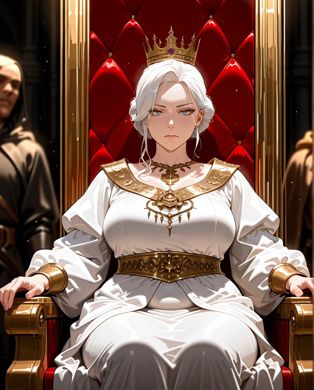 1girl, a queen, bun hair, middle parted hair, white hair, wearing a crown, noble dress, in the throne room, surrounded by the male servants, best quality, highly detailed, medieval. (mature_female), (plump), (serious)