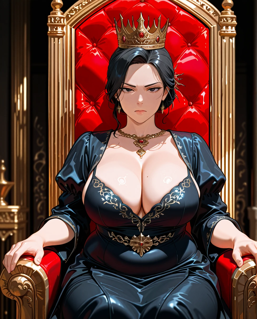 1girl, a queen, bun hair, middle parted hair, black hair, wearing a crown, noble dress, in the throne room, surrounded by the male servants, best quality, highly detailed, medieval. (mature_female), (plump), (serious), (convenient_breasts)