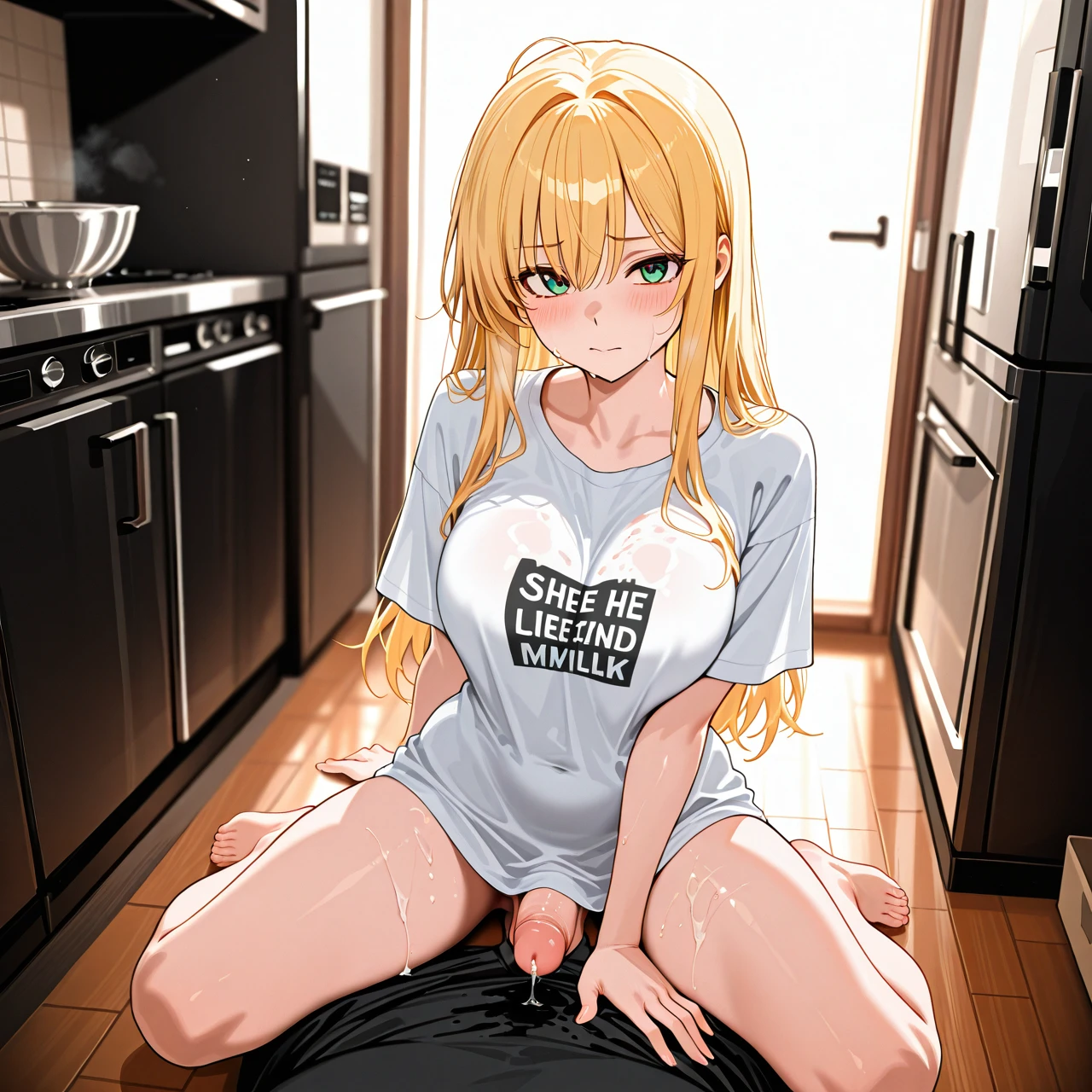 A shy 18-year-old futanari girl with long blonde hair and bright green eyes stands in a kitchen wearing only an oversized t-shirt that barely covers her curvy body. She holds a bowl in one hand while trying to hide her erect cock with it; her face is flushed red with embarrassment. The kitchen counter has a box of cornflakes and an empty milk bottle on it. Some spilled liquid is visible on the floor near her feet.