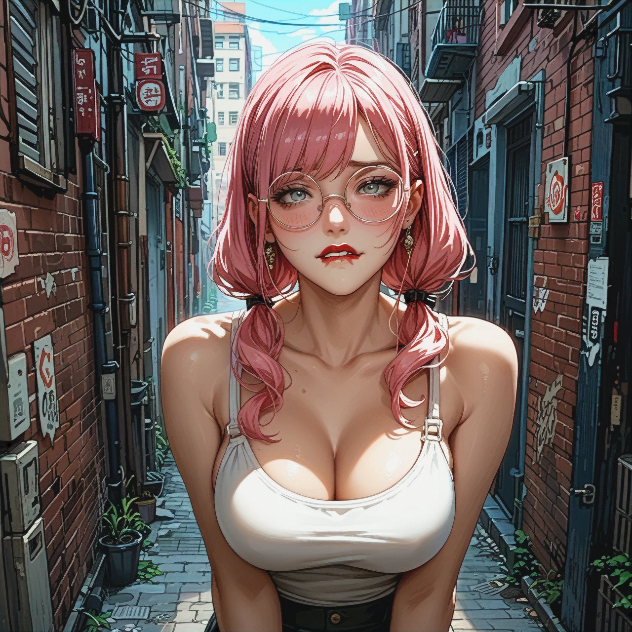 girl with cute face, straight long pink hair, red lipstick, round eyeglasses, big breasts, teen, skinny body, grey eyes, clothin from the anime, (street alley), (alleyway), (biting lip), (shy), (grabbing_from_behind), (presenting)