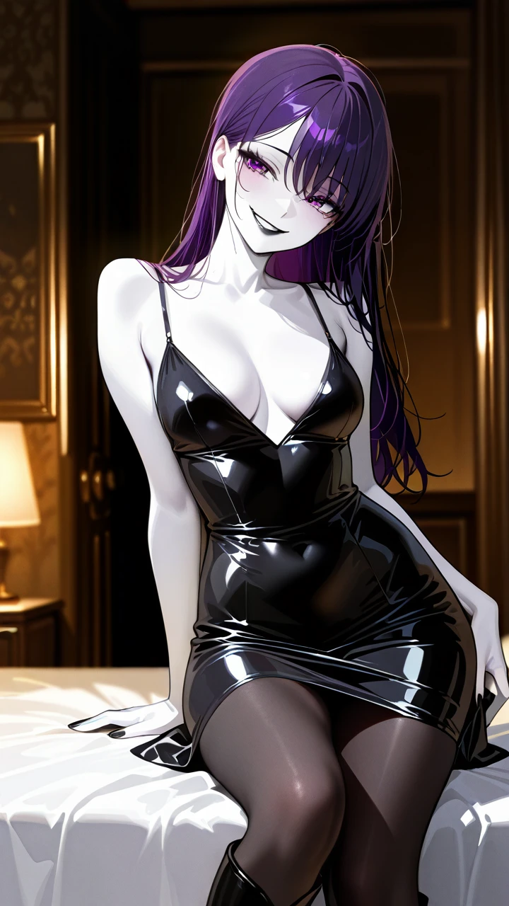 Take the photo so that their entire body is visible in the image, from head to toe.  1girl The girl have long black _ purple hair and purple eyes. She have a skinny and sexy body. She have white skin.  She is a vampire.  She have a black Women's evening dress. She is in bed room She have black nails She have black lips.  She has high boots that reach above her knees.   (hand_on_own_face) (dress_removed) (head_tilt) (grin) (shy) (medium_breasts)