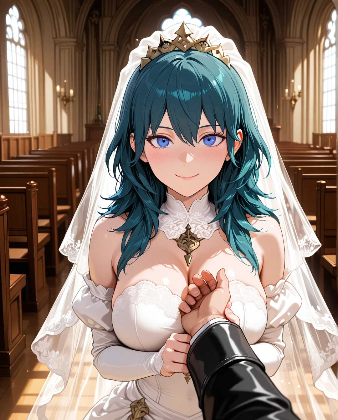 @byleth, 1boy, 1girl, blue eyes, smile, wedding dress, standing, church, pov, man's hand on a girl's cheek,