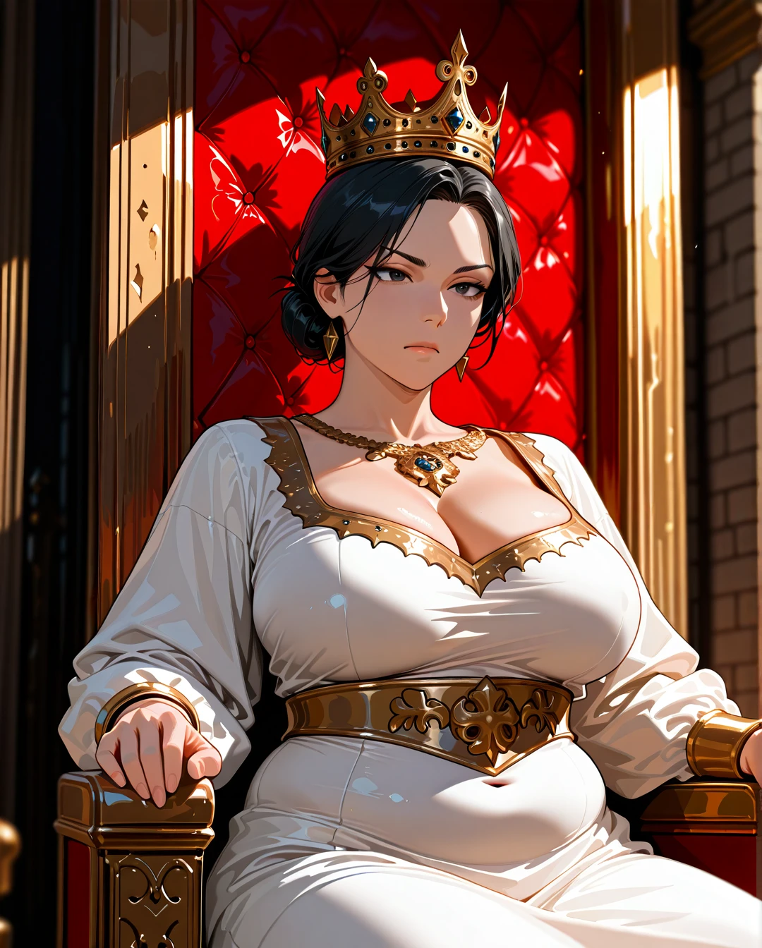 1girl, a queen, bun hair, middle parted hair, black hair, wearing a crown, a gold and white dress, in the throne room, the male servants, best quality, highly detailed, medieval. (mature_female), (plump), (serious), (convenient_breasts)