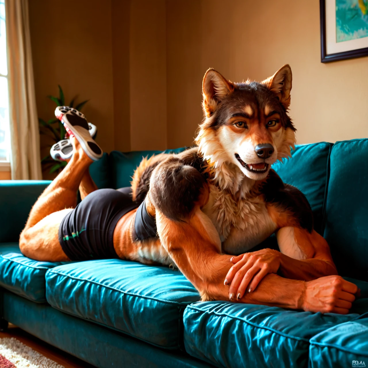 Furry only, anthro, male, gay, Wolf, gray fur, rough, on couch, fapping off, solo, himbo, fully fur covered, jerking, beating meat, full body, stroking cock