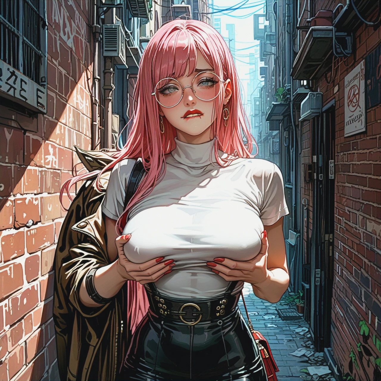 girl with cute face, straight long pink hair, red lipstick, round eyeglasses, big breasts, teen, skinny body, grey eyes, clothin from the anime, (street alley), (alleyway), (biting lip), (shy) man grabbing breast,