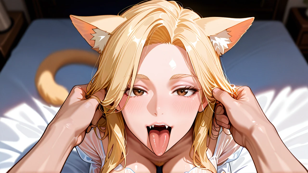 A girl, blonde hair,long hair, blonde eyebrows, brown eyes, cat ears, cat tail, fangs, medium breast, (mature_female), transparent nightgowns, blonde pubic hair, on bed, pet head, embarrassing, (kneeling), face, stroking hair, male hands, face focus, (tongue)