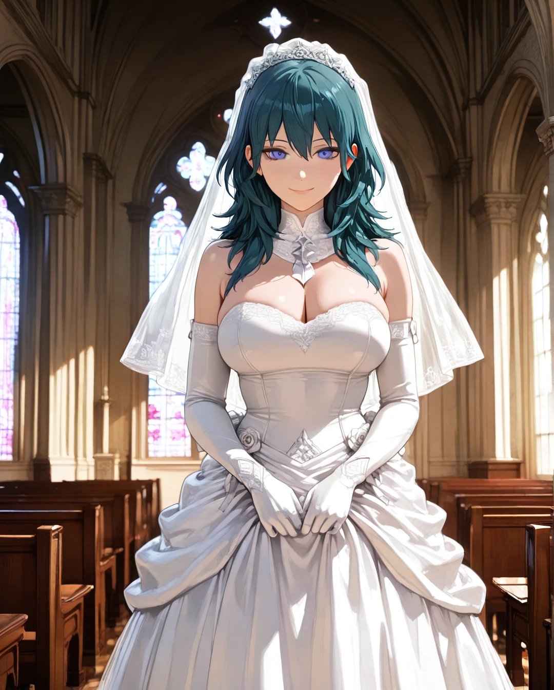 @byleth, blue eyes, smile, wedding dress, standing, church,