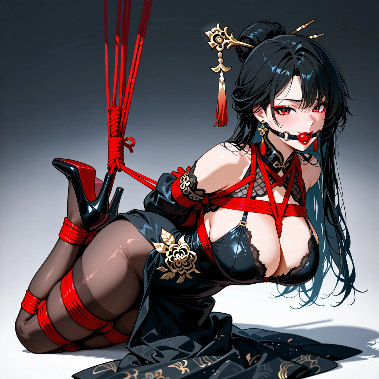 1girl, bare shoulders, black dress, black hair, breasts, cleavage, closed mouth, detached sleeves, dress, earrings, gloves, grey background, hair ornament, hair stick, jewelry, large breasts, lipstick, long hair, looking at viewer, makeup, red eyes, red gloves, red lips, smile, solo, black stockings, heels, Japanese face, bound legs, bondage, gagged, gag, ball gag, bound, bound ankles, bound arms, bound legs, rope pattern on chest, red rope, (bondage), (shibari)