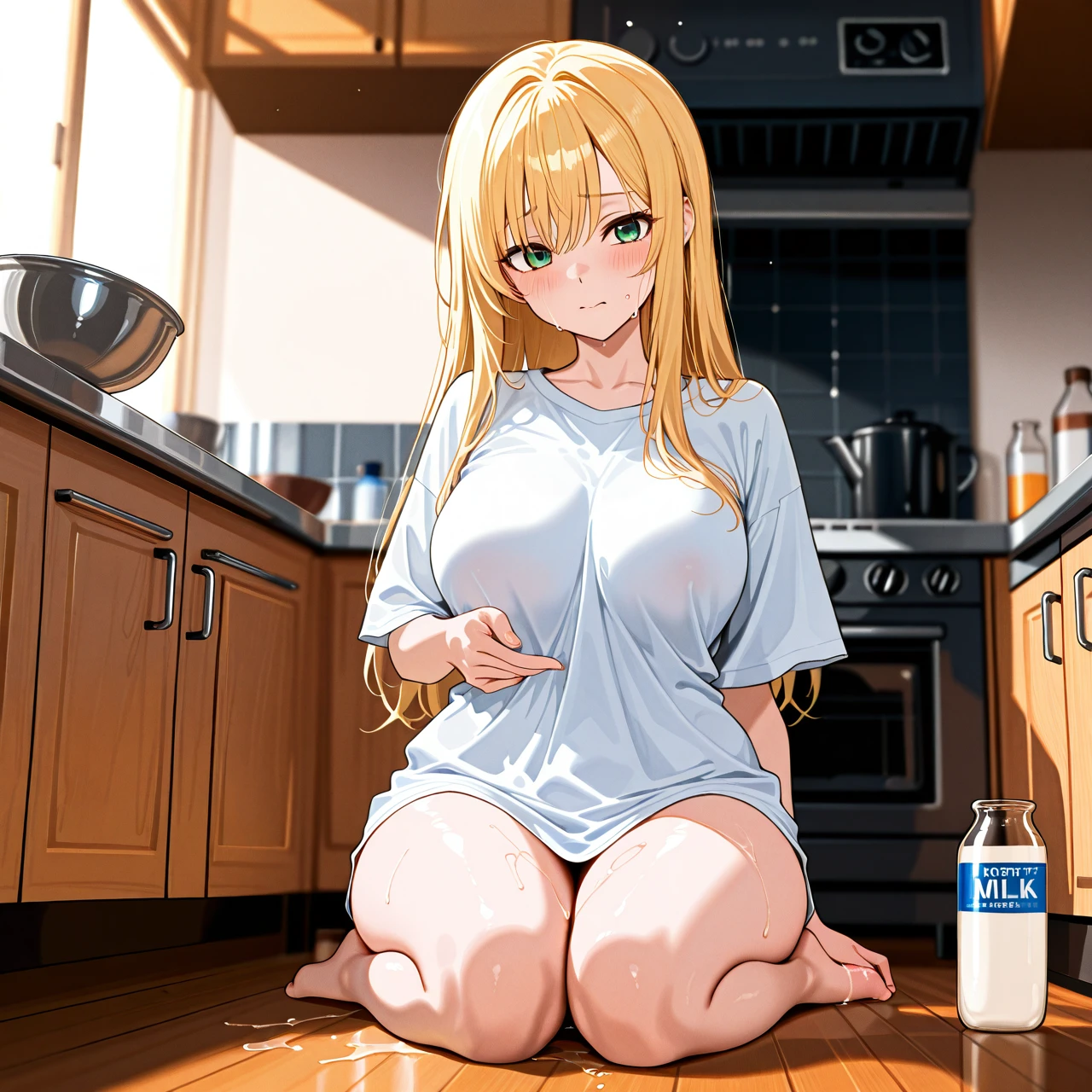 A shy 18-year-old futanari girl with long blonde hair and bright green eyes stands in a kitchen wearing only an oversized t-shirt that barely covers her curvy body. She holds a bowl in one hand while trying to hide her erect cock with it; her face is flushed red with embarrassment. The kitchen counter has a box of cornflakes and an empty milk bottle on it. Some spilled liquid is visible on the floor near her feet.