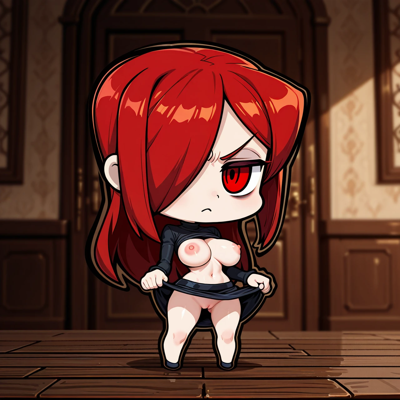 (Chibi style:1.5), 1girl, solo, Parasoul from Skullgirls, minigirl, straight lower back-length red hair, bang covering right eye, red_eyes, skinny,  long sleeved black top, skirt_lift, large_breasts, areolae, nipples, angry, holding umbrela, full body view, mansion_background, high_detailed, best_quality